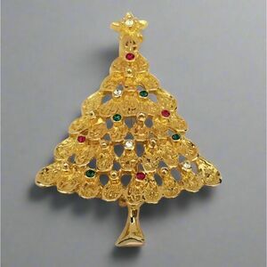 Vintage Gold Tone Christmas Tree Brooch with Red, Green & Clear Rhinestones